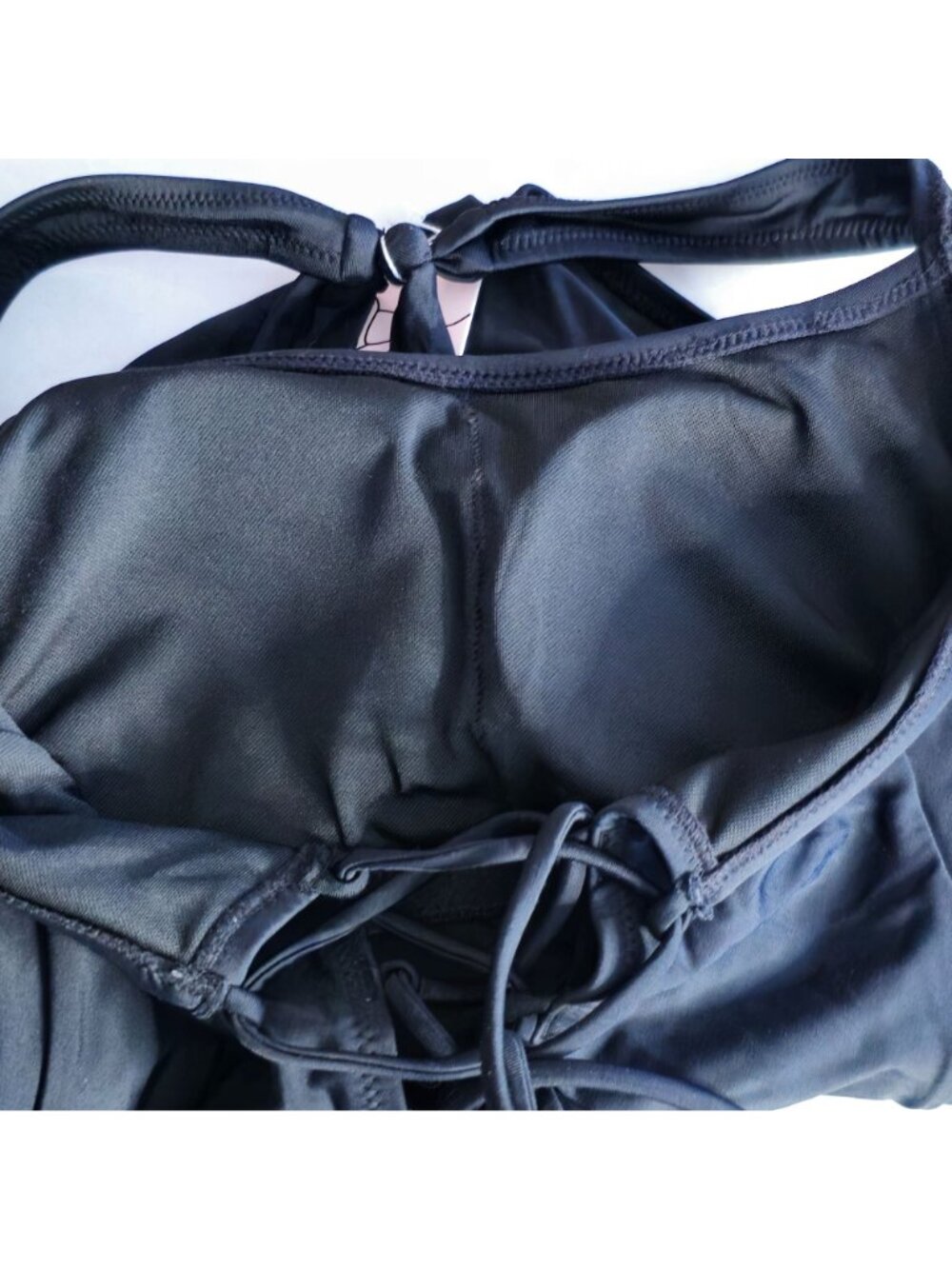 Black Halter One-Piece Swimsuit L Strappy Lace-Up Back Ruched Lined Cheeky - Picture 5 of 11